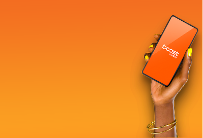 Orange banner with hand holding Boost mobile phone
